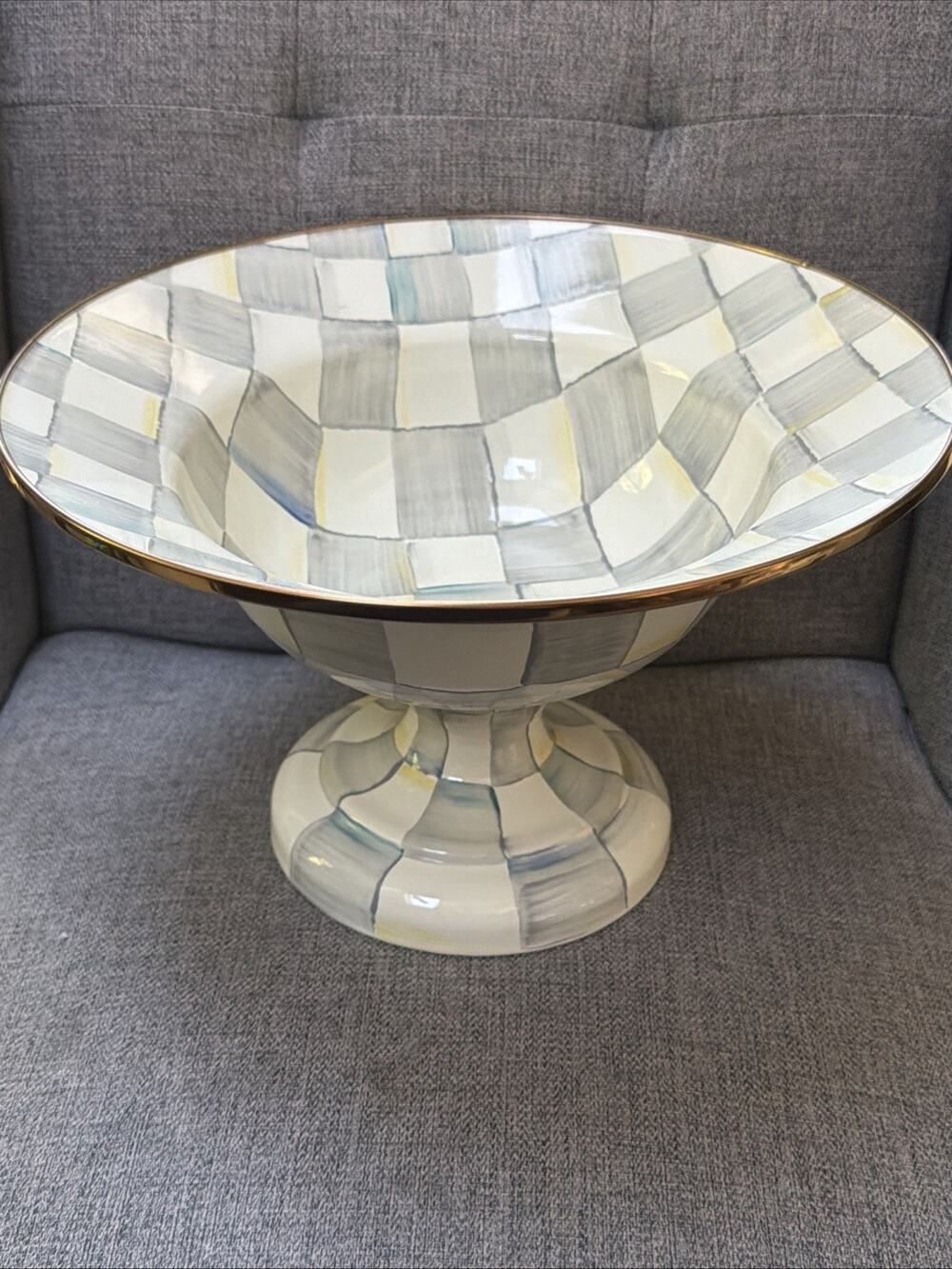Mackenzie Childs Sterling Check Large Compote Centerpiece Bowl Enamel